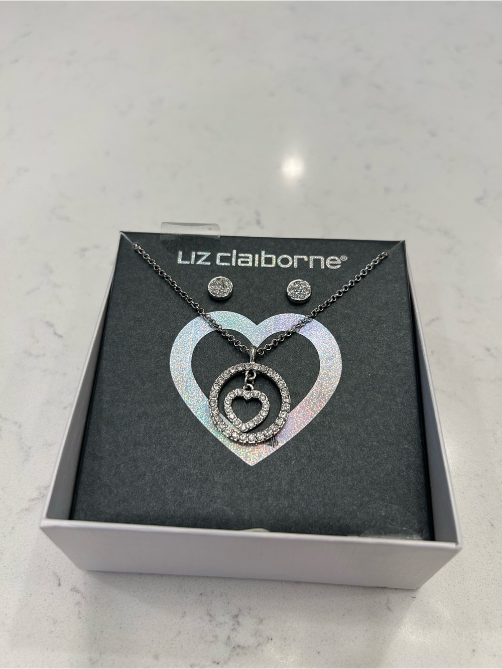 Liz Claiborne Silver-Tone Crystal Double Heart Pendant Necklace with Studs